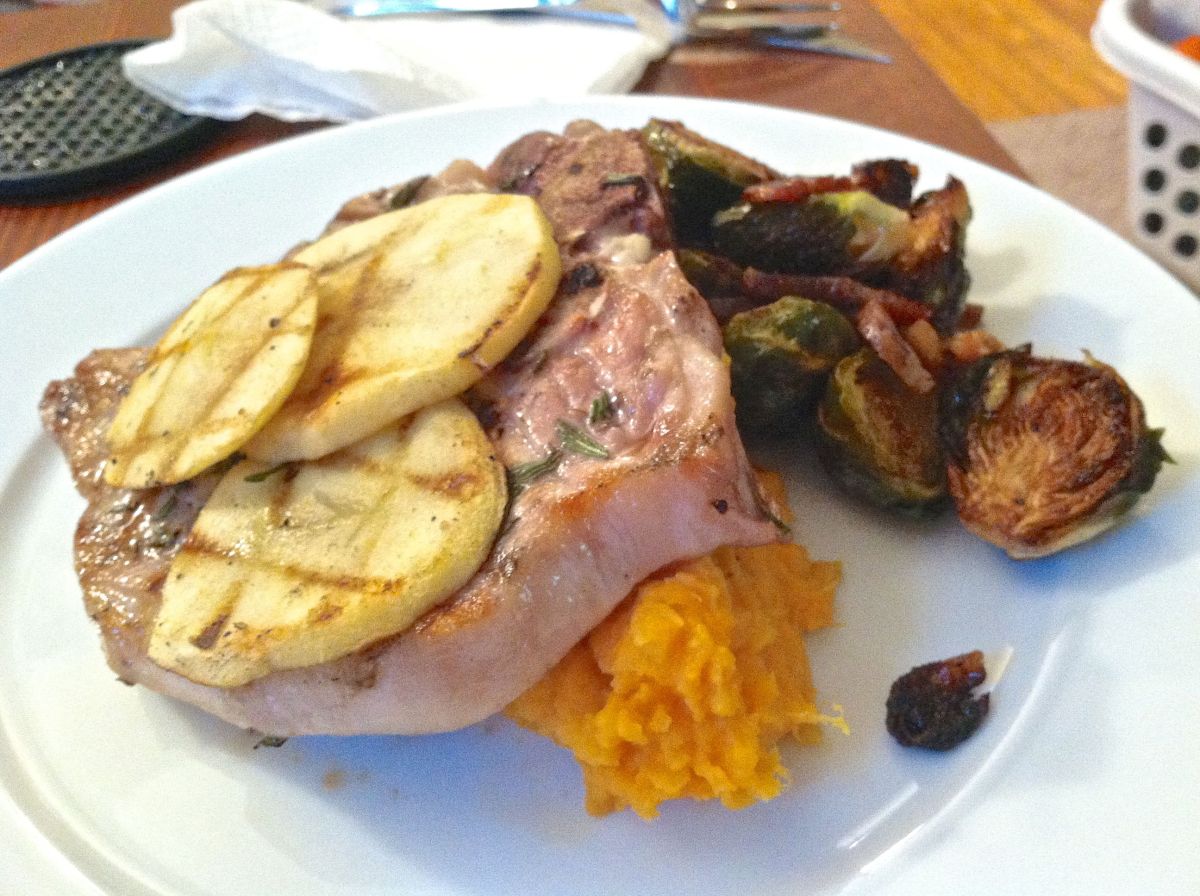 Apple Grilled Pork and Smashed Sweet Potatoes